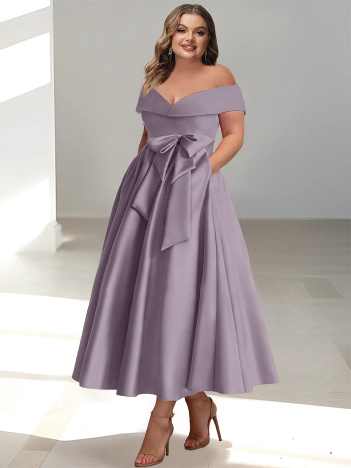 Robe de Mère de la Mariée Grande Taille, Coupe A-Line/Princess, Épaules Dénudées, Sans Manches, Longueur Cheville, avec Poches