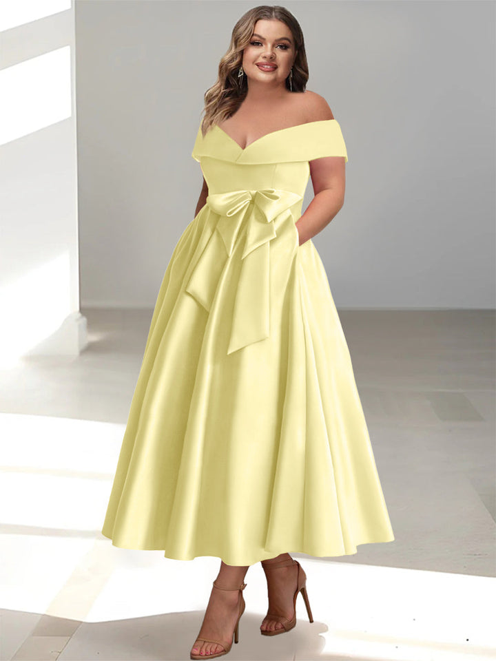 Robe de Mère de la Mariée Grande Taille, Coupe A-Line/Princess, Épaules Dénudées, Sans Manches, Longueur Cheville, avec Poches