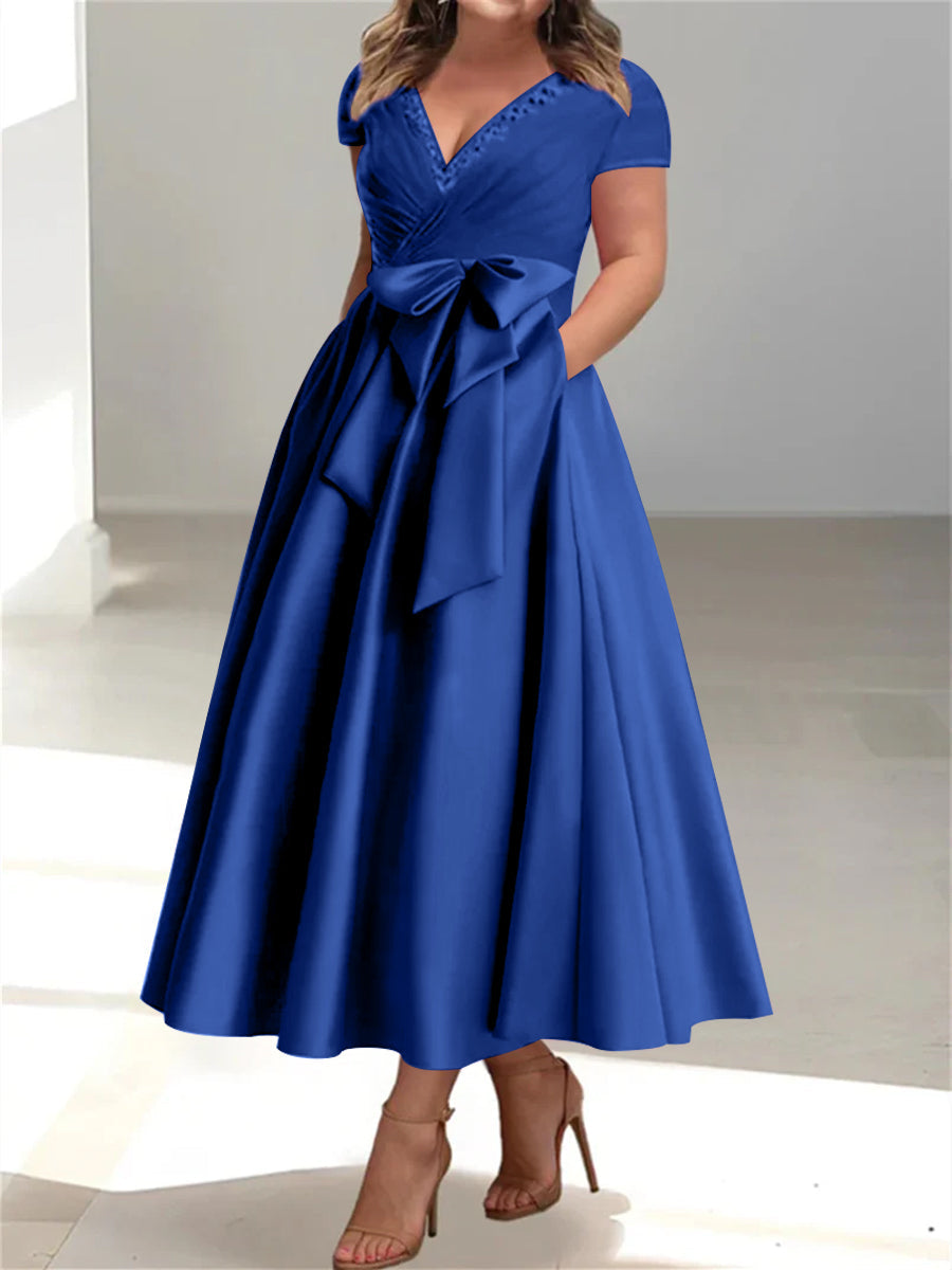 Robes de Mère de la Mariée Grande Taille à Col en V et Coupe Princesse avec Poches et Volants