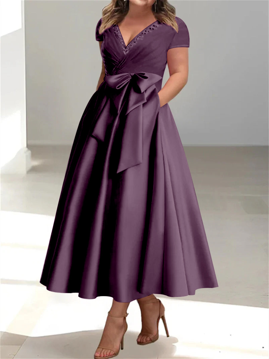 Robes de Mère de la Mariée Grande Taille à Col en V et Coupe Princesse avec Poches et Volants