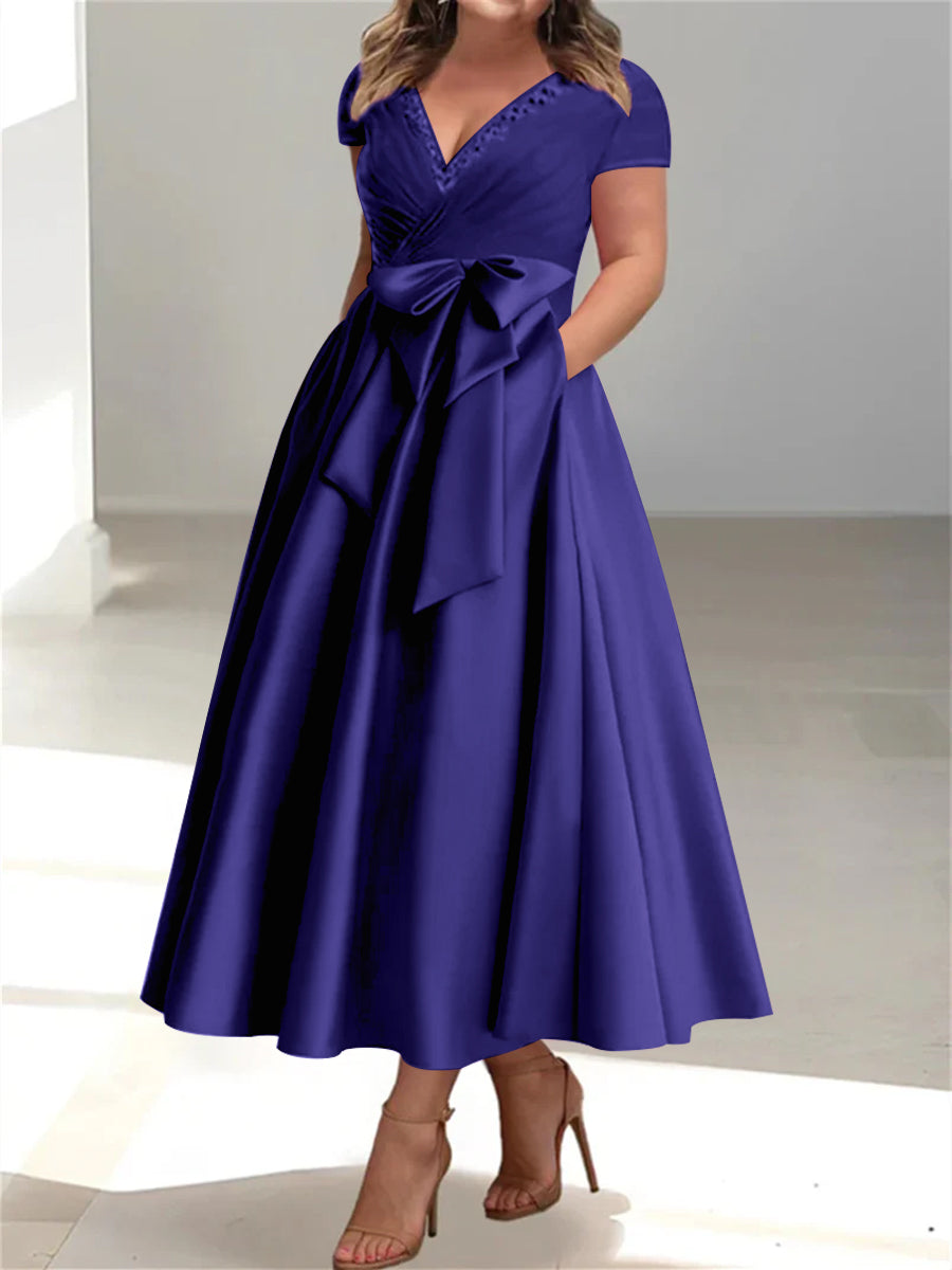 Robes de Mère de la Mariée Grande Taille à Col en V et Coupe Princesse avec Poches et Volants