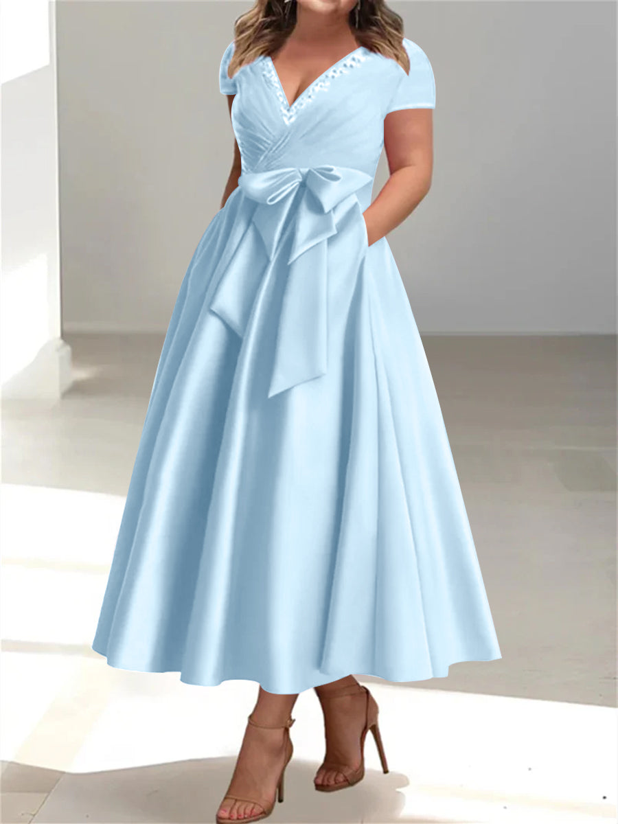 Robes de Mère de la Mariée Grande Taille à Col en V et Coupe Princesse avec Poches et Volants