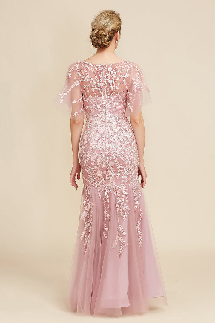 Robe de Mère de la Mariée en Forme de Trompette/Sirène à Manches Mi-Longues et à Encolure Dégagée avec Dentelle