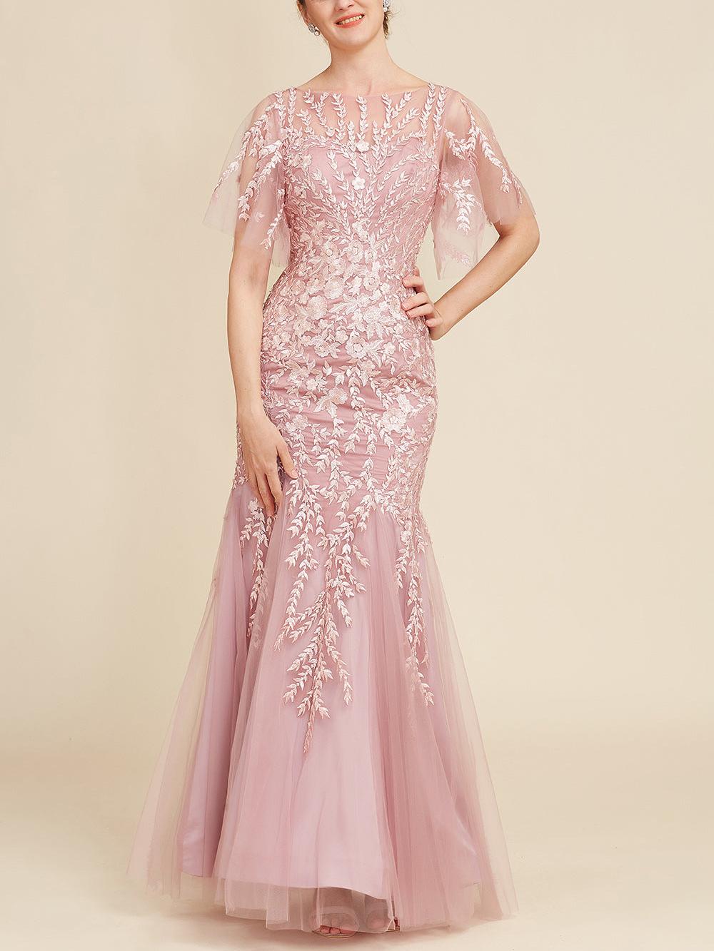 Robe de Mère de la Mariée en Forme de Trompette/Sirène à Manches Mi-Longues et à Encolure Dégagée avec Dentelle
