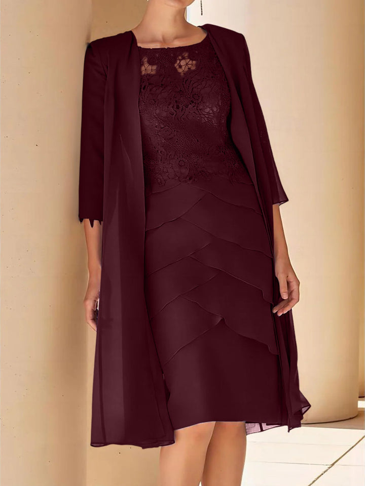 Robe de Mère de la Mariée Fourreau/Colonne à Col Bijou, Manches Courtes, Longueur Genou, avec Dentelle