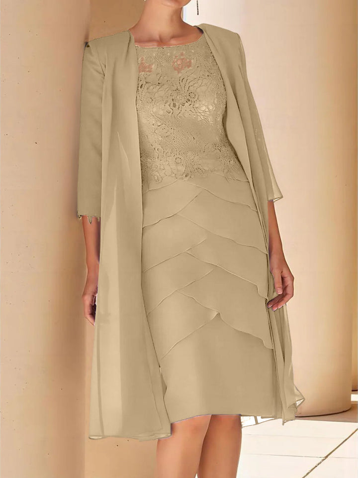 Robe de Mère de la Mariée Fourreau/Colonne à Col Bijou, Manches Courtes, Longueur Genou, avec Dentelle