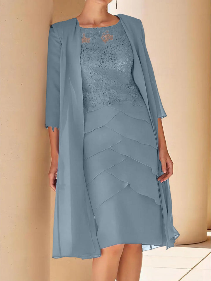 Robe de Mère de la Mariée Fourreau/Colonne à Col Bijou, Manches Courtes, Longueur Genou, avec Dentelle
