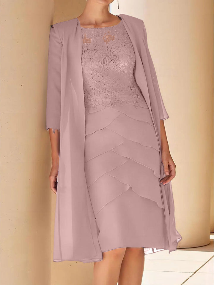 Robe de Mère de la Mariée Fourreau/Colonne à Col Bijou, Manches Courtes, Longueur Genou, avec Dentelle