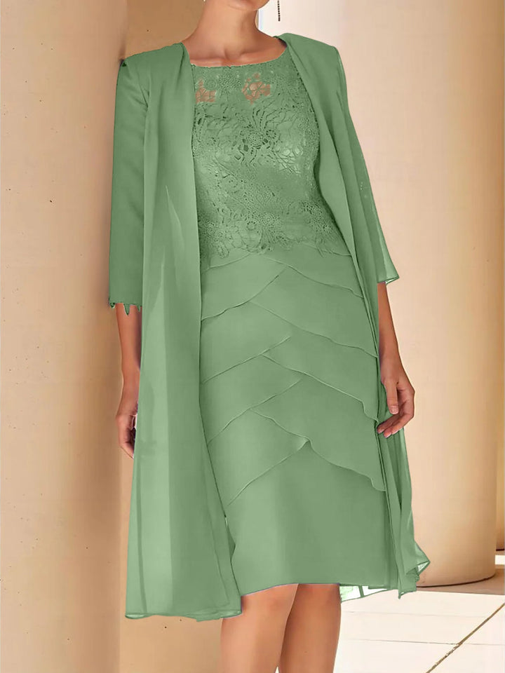Robe de Mère de la Mariée Fourreau/Colonne à Col Bijou, Manches Courtes, Longueur Genou, avec Dentelle