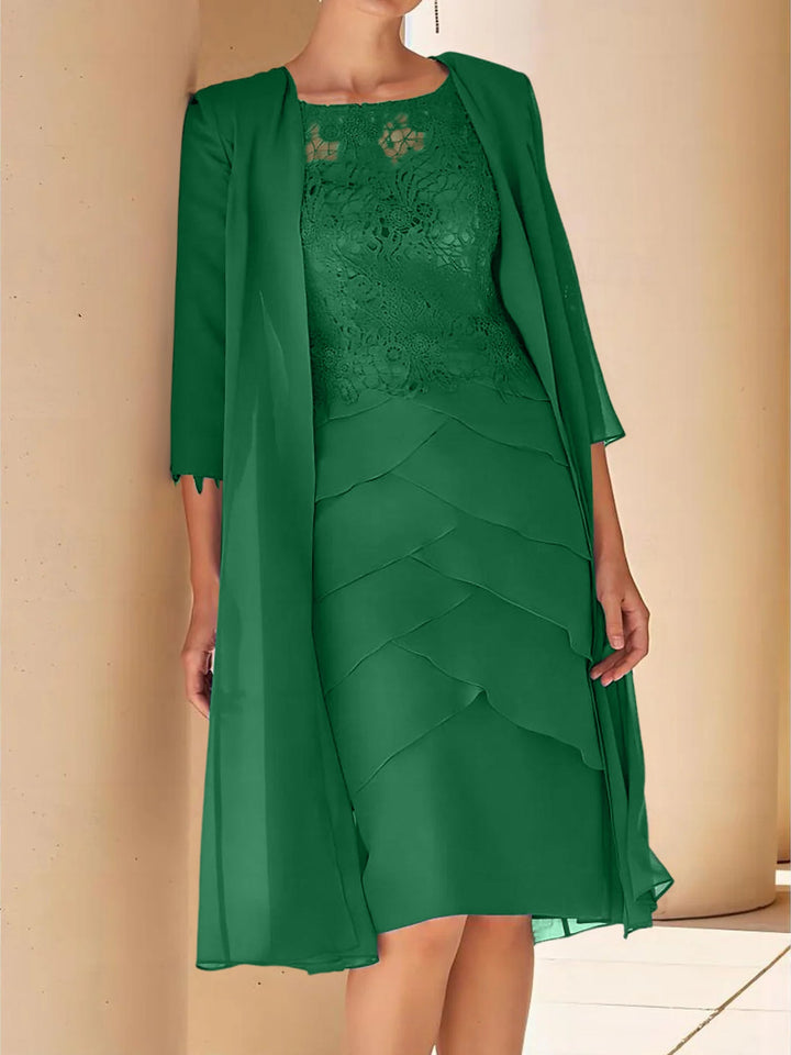 Robe de Mère de la Mariée Fourreau/Colonne à Col Bijou, Manches Courtes, Longueur Genou, avec Dentelle