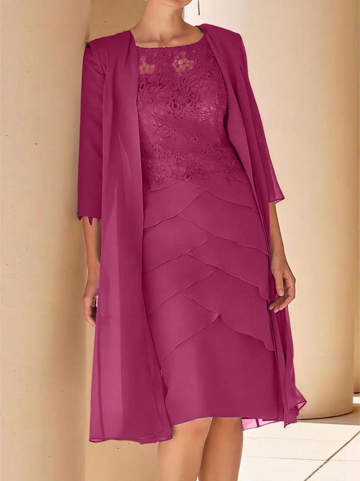 Robe de Mère de la Mariée Fourreau/Colonne à Col Bijou, Manches Courtes, Longueur Genou, avec Dentelle
