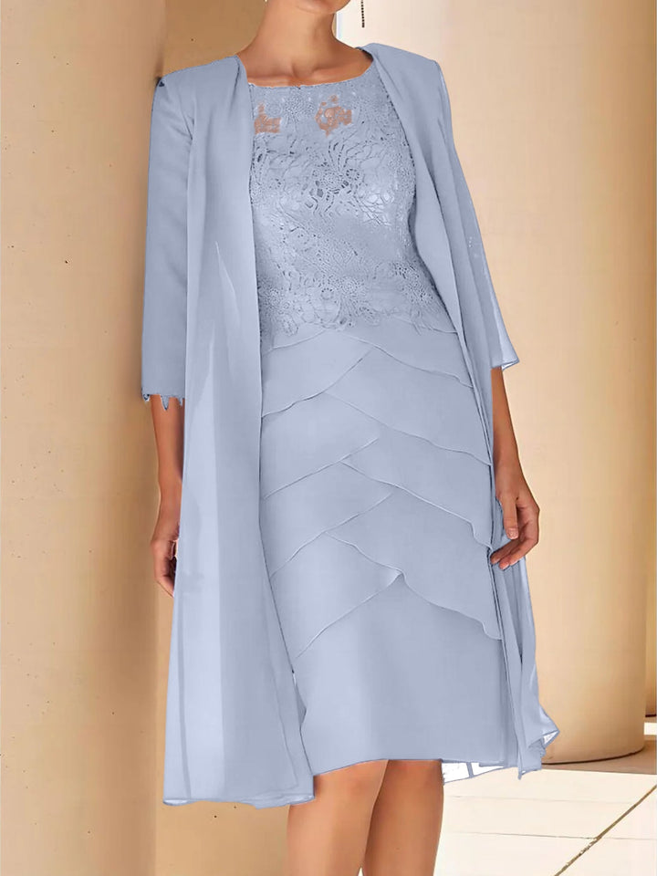 Robe de Mère de la Mariée Fourreau/Colonne à Col Bijou, Manches Courtes, Longueur Genou, avec Dentelle