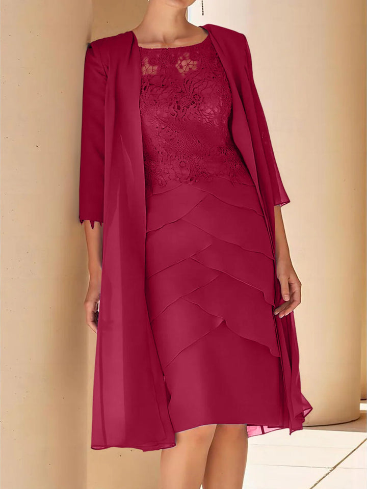Robe de Mère de la Mariée Fourreau/Colonne à Col Bijou, Manches Courtes, Longueur Genou, avec Dentelle