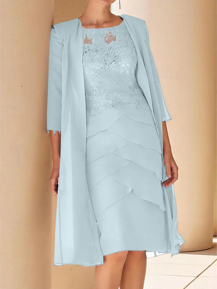 Robe de Mère de la Mariée Fourreau/Colonne à Col Bijou, Manches Courtes, Longueur Genou, avec Dentelle