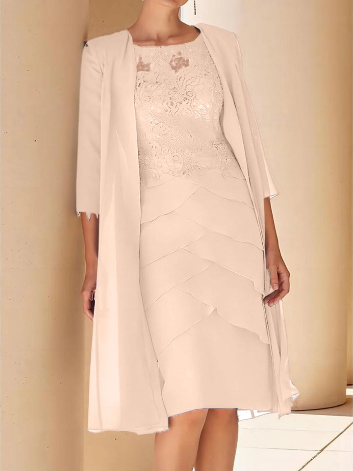 Robe de Mère de la Mariée Fourreau/Colonne à Col Bijou, Manches Courtes, Longueur Genou, avec Dentelle