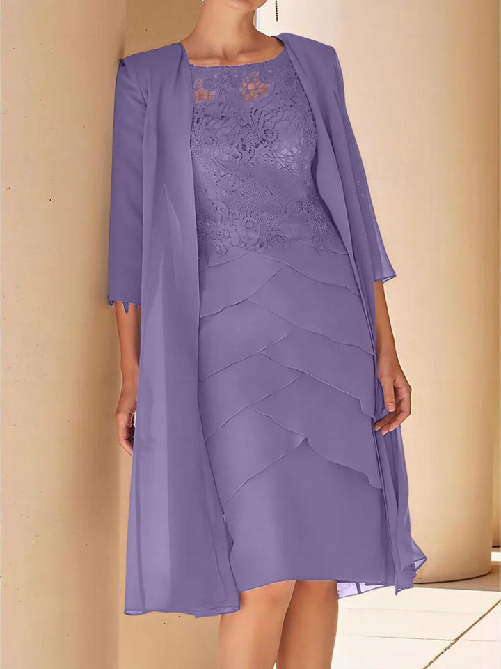 Robe de Mère de la Mariée Fourreau/Colonne à Col Bijou, Manches Courtes, Longueur Genou, avec Dentelle