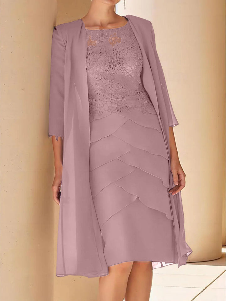 Robe de Mère de la Mariée Fourreau/Colonne à Col Bijou, Manches Courtes, Longueur Genou, avec Dentelle