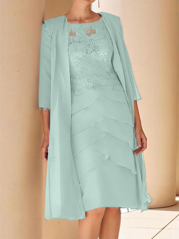 Robe de Mère de la Mariée Fourreau/Colonne à Col Bijou, Manches Courtes, Longueur Genou, avec Dentelle