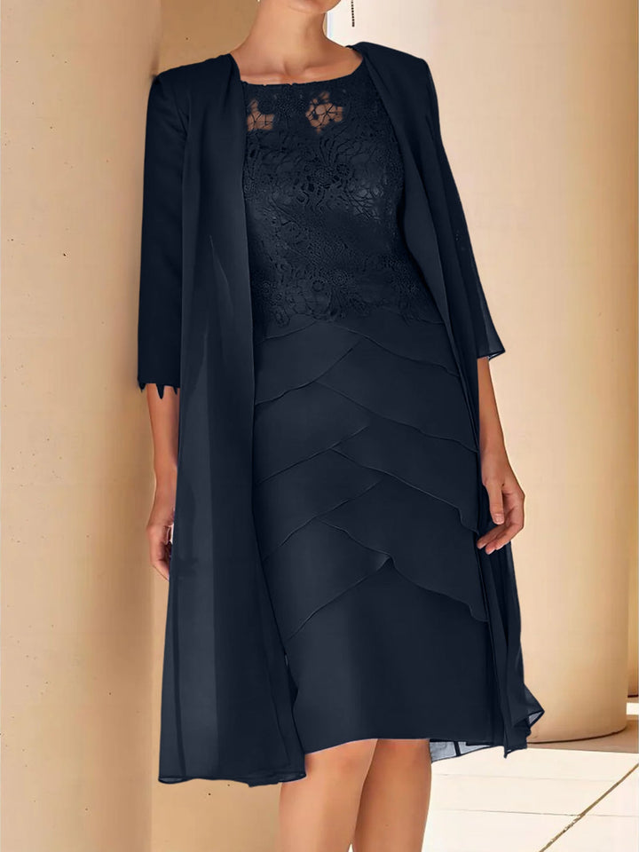 Robe de Mère de la Mariée Fourreau/Colonne à Col Bijou, Manches Courtes, Longueur Genou, avec Dentelle