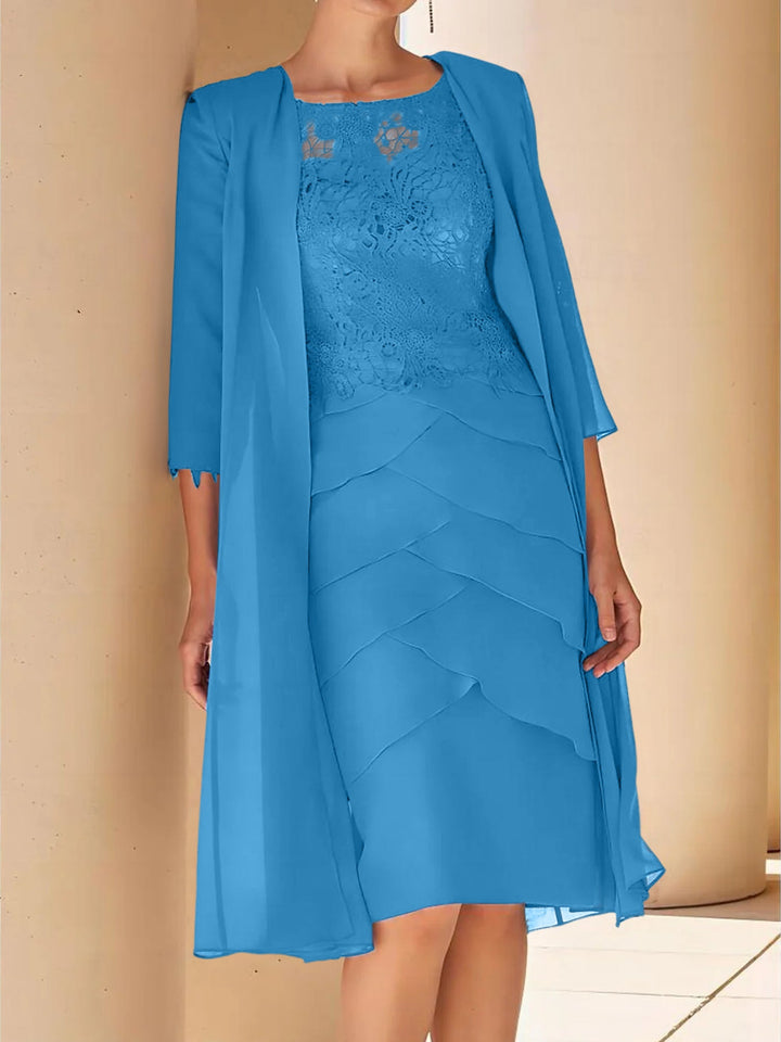 Robe de Mère de la Mariée Fourreau/Colonne à Col Bijou, Manches Courtes, Longueur Genou, avec Dentelle