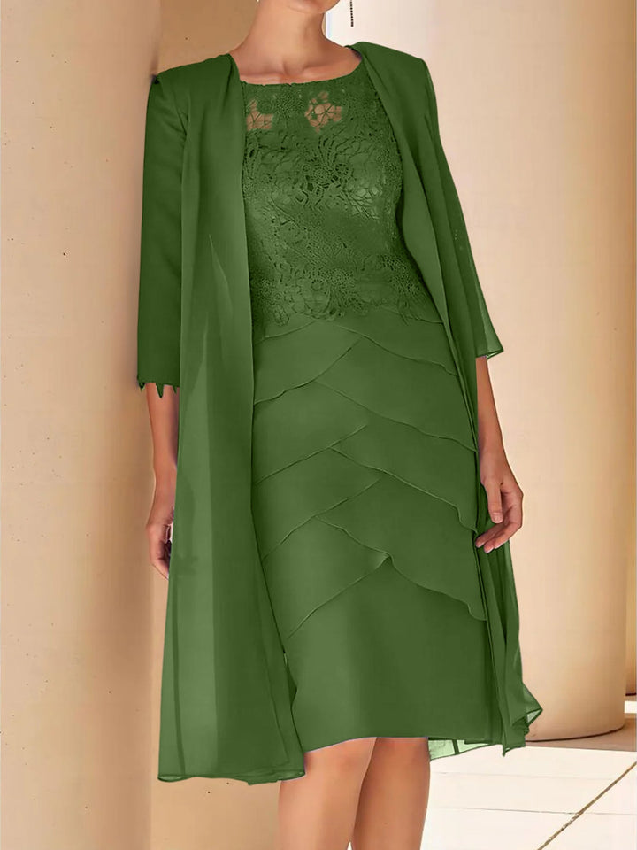 Robe de Mère de la Mariée Fourreau/Colonne à Col Bijou, Manches Courtes, Longueur Genou, avec Dentelle