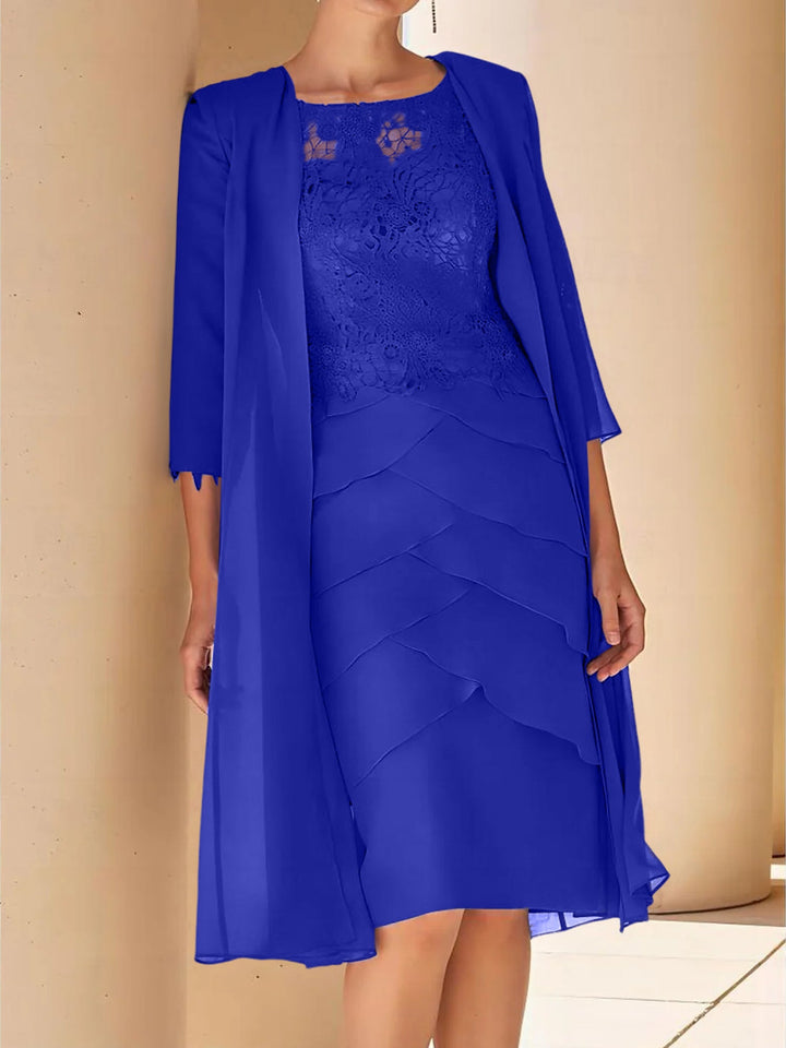 Robe de Mère de la Mariée Fourreau/Colonne à Col Bijou, Manches Courtes, Longueur Genou, avec Dentelle