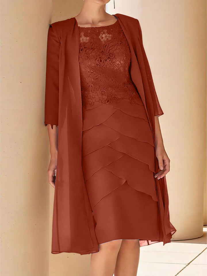 Robe de Mère de la Mariée Fourreau/Colonne à Col Bijou, Manches Courtes, Longueur Genou, avec Dentelle
