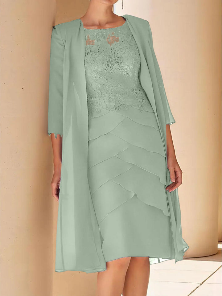 Robe de Mère de la Mariée Fourreau/Colonne à Col Bijou, Manches Courtes, Longueur Genou, avec Dentelle