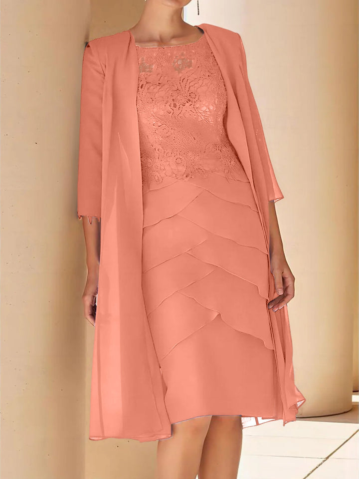 Robe de Mère de la Mariée Fourreau/Colonne à Col Bijou, Manches Courtes, Longueur Genou, avec Dentelle