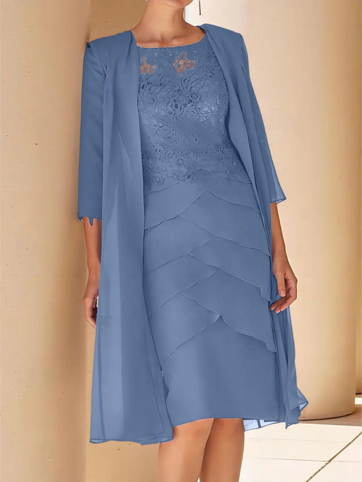 Robe de Mère de la Mariée Fourreau/Colonne à Col Bijou, Manches Courtes, Longueur Genou, avec Dentelle