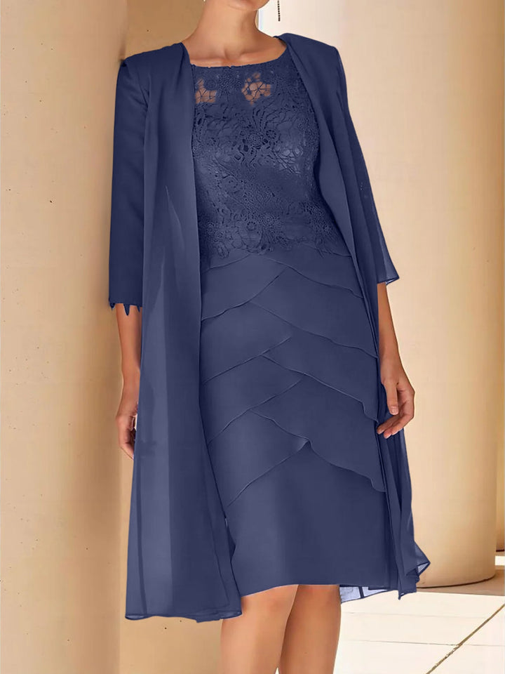 Robe de Mère de la Mariée Fourreau/Colonne à Col Bijou, Manches Courtes, Longueur Genou, avec Dentelle
