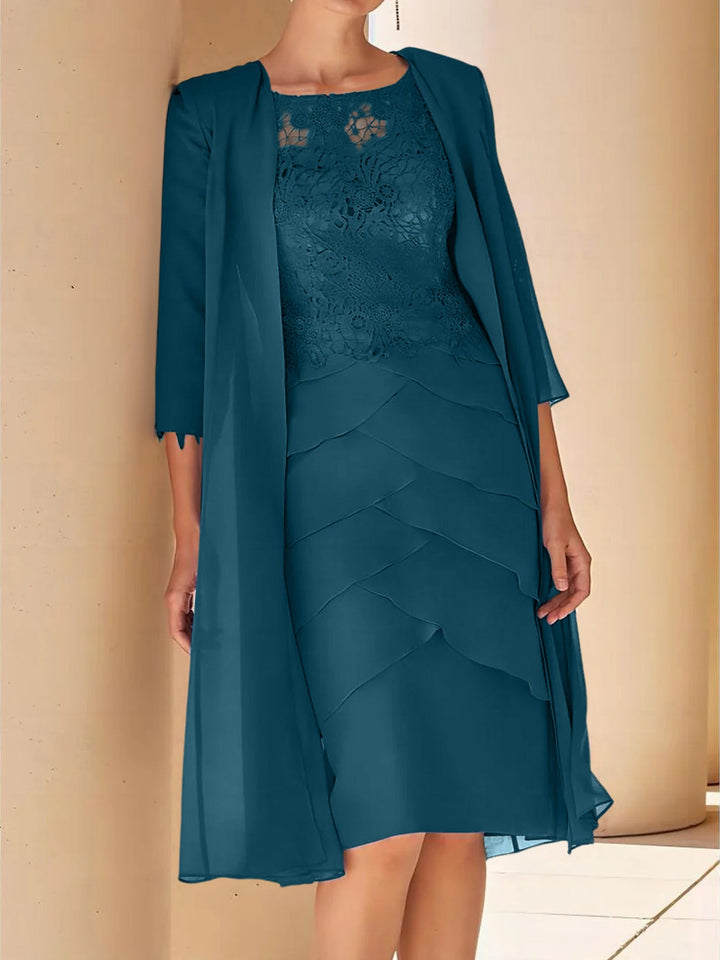 Robe de Mère de la Mariée Fourreau/Colonne à Col Bijou, Manches Courtes, Longueur Genou, avec Dentelle