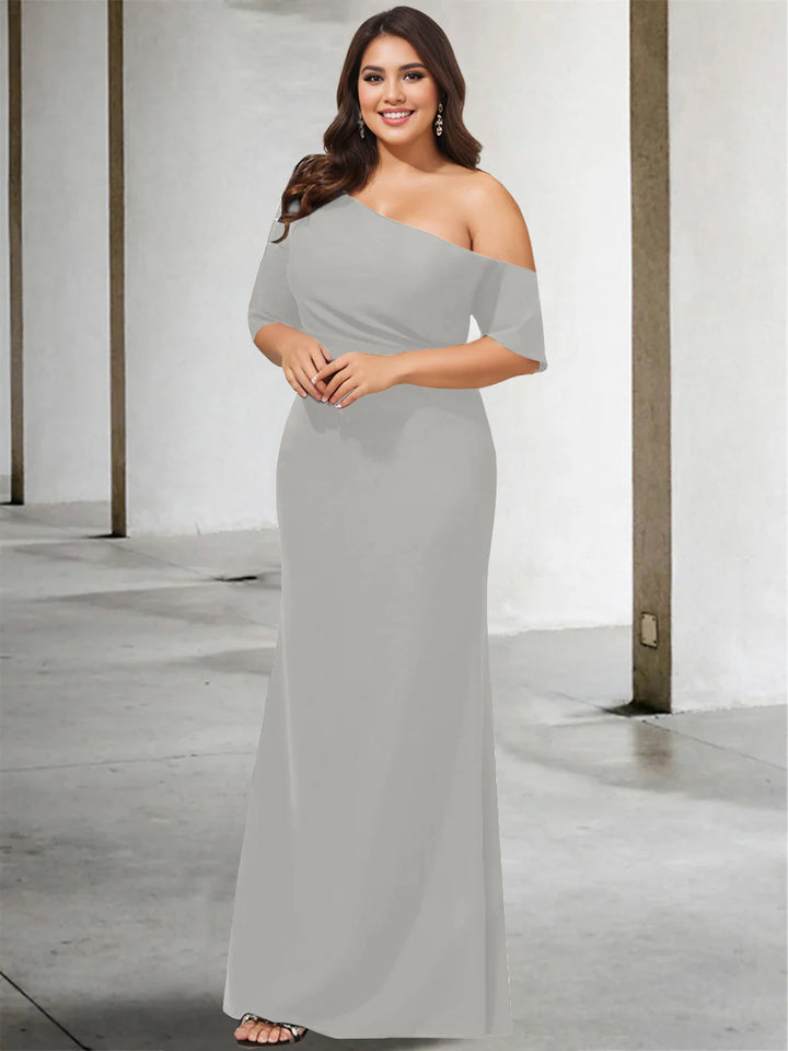 Robe de Mère de la Mariée A-Line/Princess à Une Épaule et Manches 3/4 de Couleur Unie, Grande Taille, Longueur Au Sol