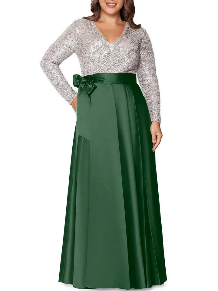 Robe de Mère de la Mariée Grande Taille, Coupe A-Line/Princess, Col en V, Manches Longues, Longueur Au Sol, avec Poches et Paillettes