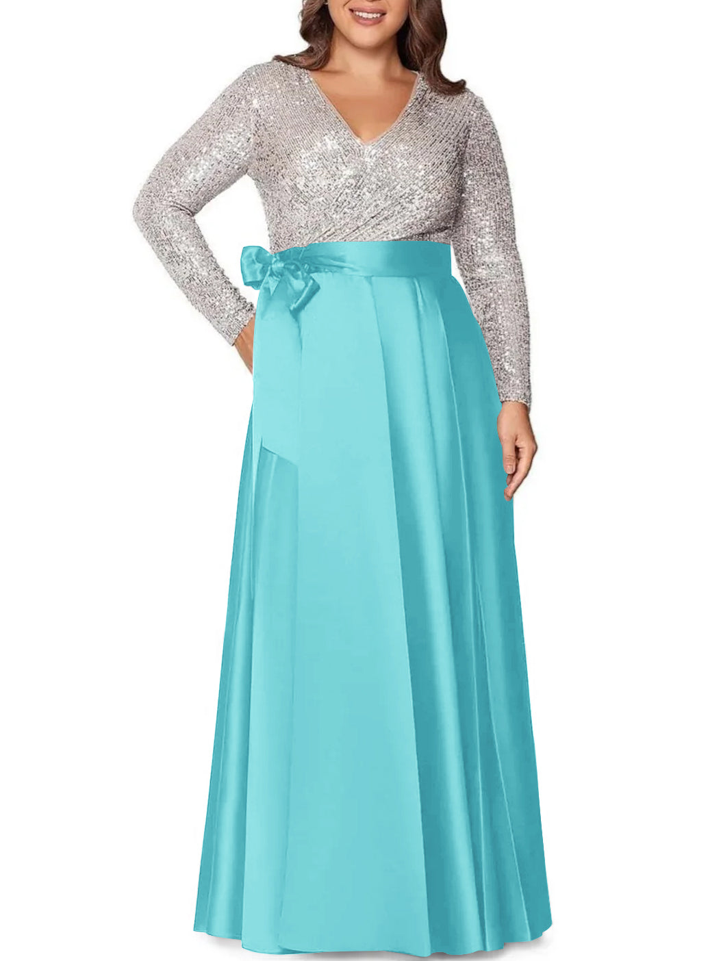 Robe de Mère de la Mariée Grande Taille, Coupe A-Line/Princess, Col en V, Manches Longues, Longueur Au Sol, avec Poches et Paillettes