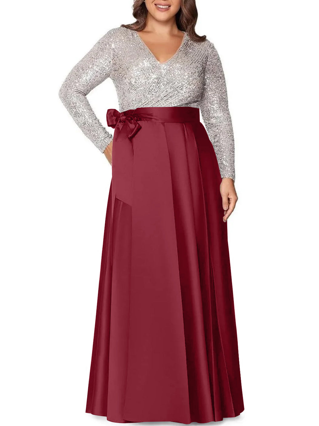 Robe de Mère de la Mariée Grande Taille, Coupe A-Line/Princess, Col en V, Manches Longues, Longueur Au Sol, avec Poches et Paillettes