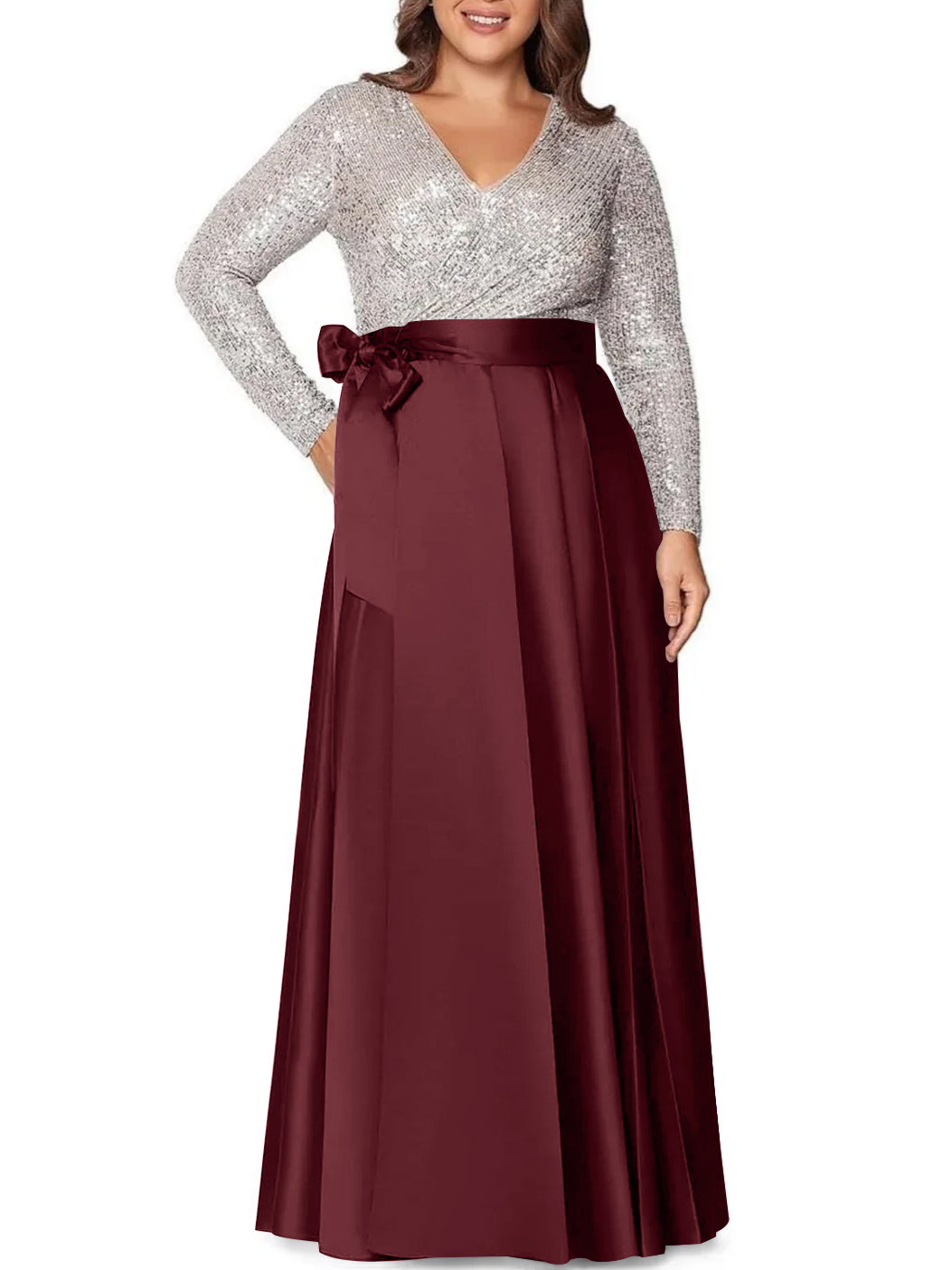Robe de Mère de la Mariée Grande Taille, Coupe A-Line/Princess, Col en V, Manches Longues, Longueur Au Sol, avec Poches et Paillettes