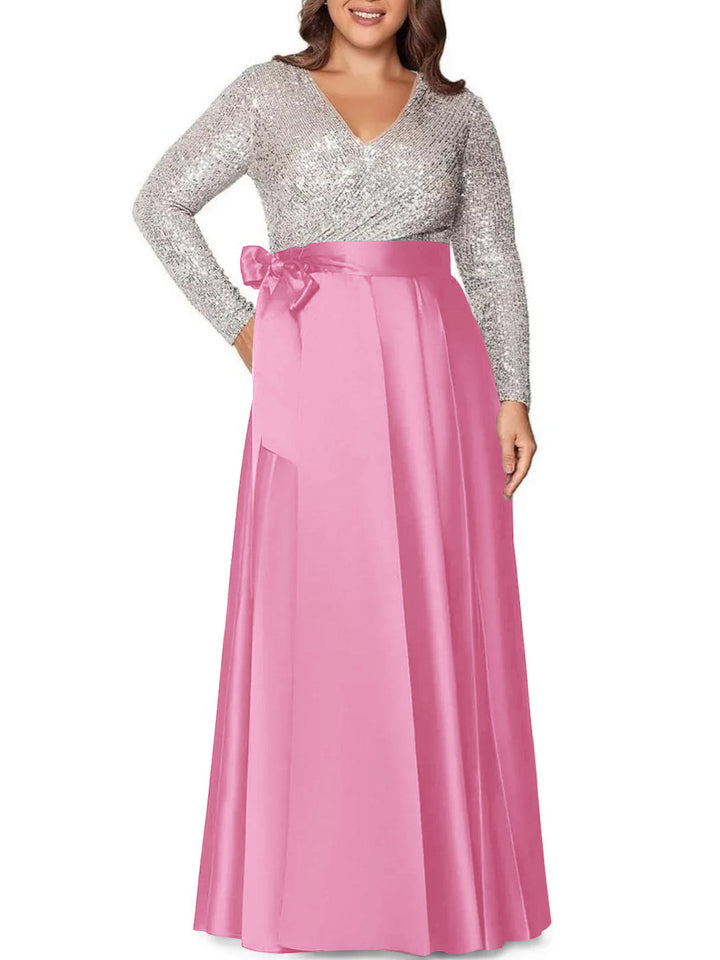 Robe de Mère de la Mariée Grande Taille, Coupe A-Line/Princess, Col en V, Manches Longues, Longueur Au Sol, avec Poches et Paillettes