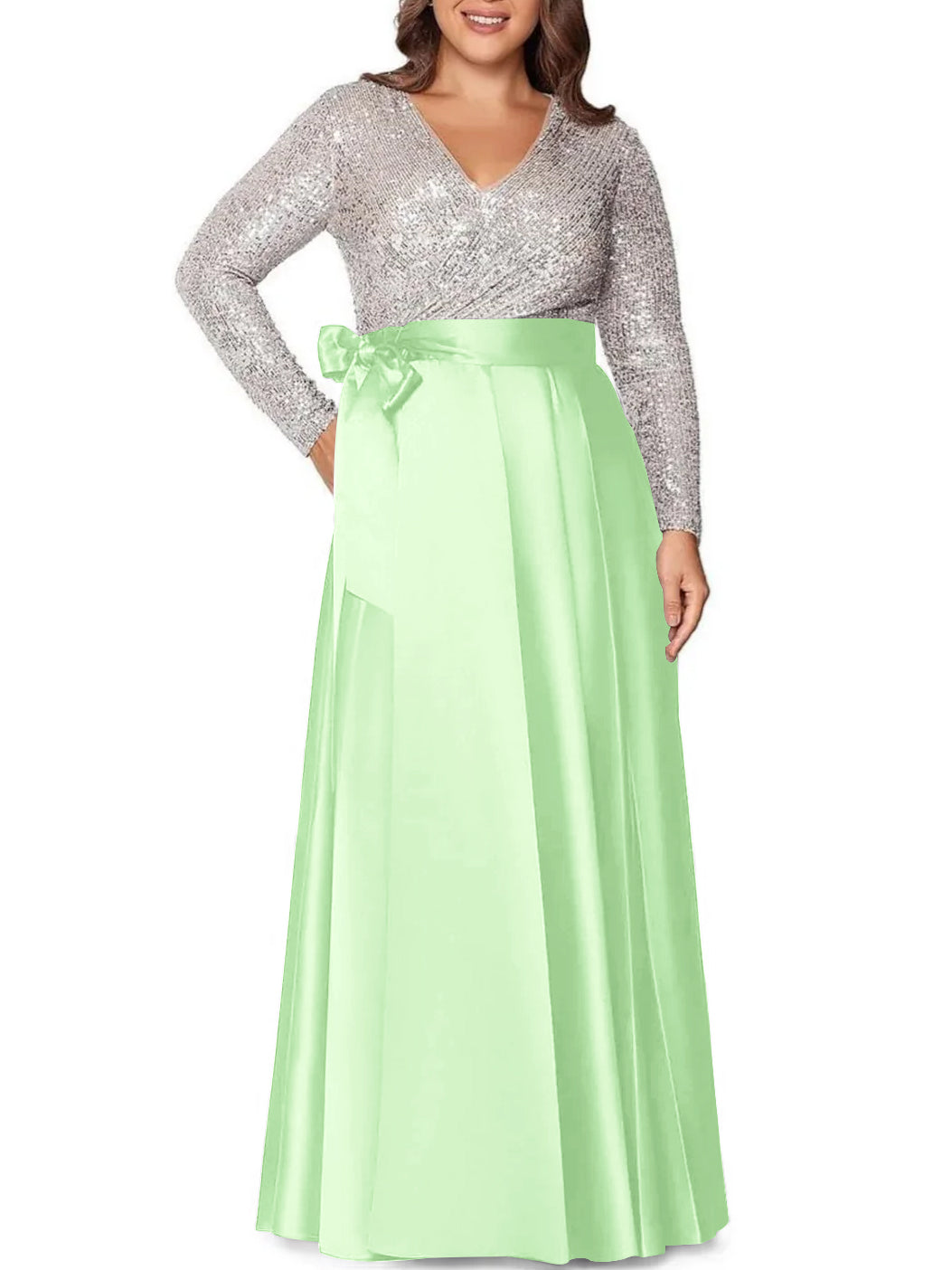 Robe de Mère de la Mariée Grande Taille, Coupe A-Line/Princess, Col en V, Manches Longues, Longueur Au Sol, avec Poches et Paillettes