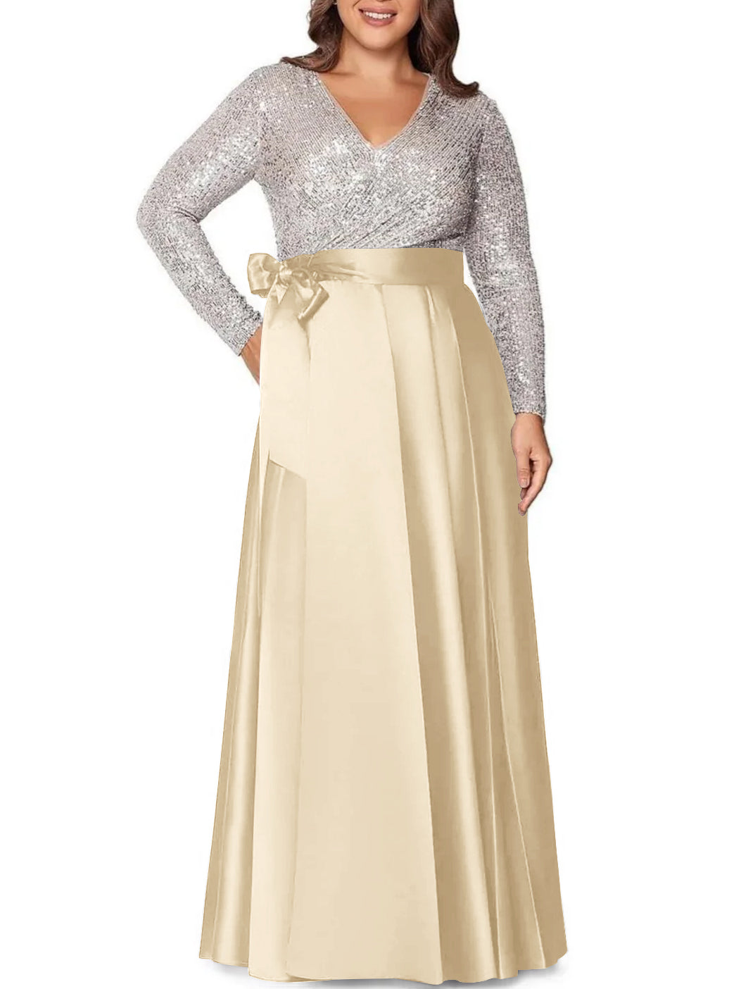 Robe de Mère de la Mariée Grande Taille, Coupe A-Line/Princess, Col en V, Manches Longues, Longueur Au Sol, avec Poches et Paillettes
