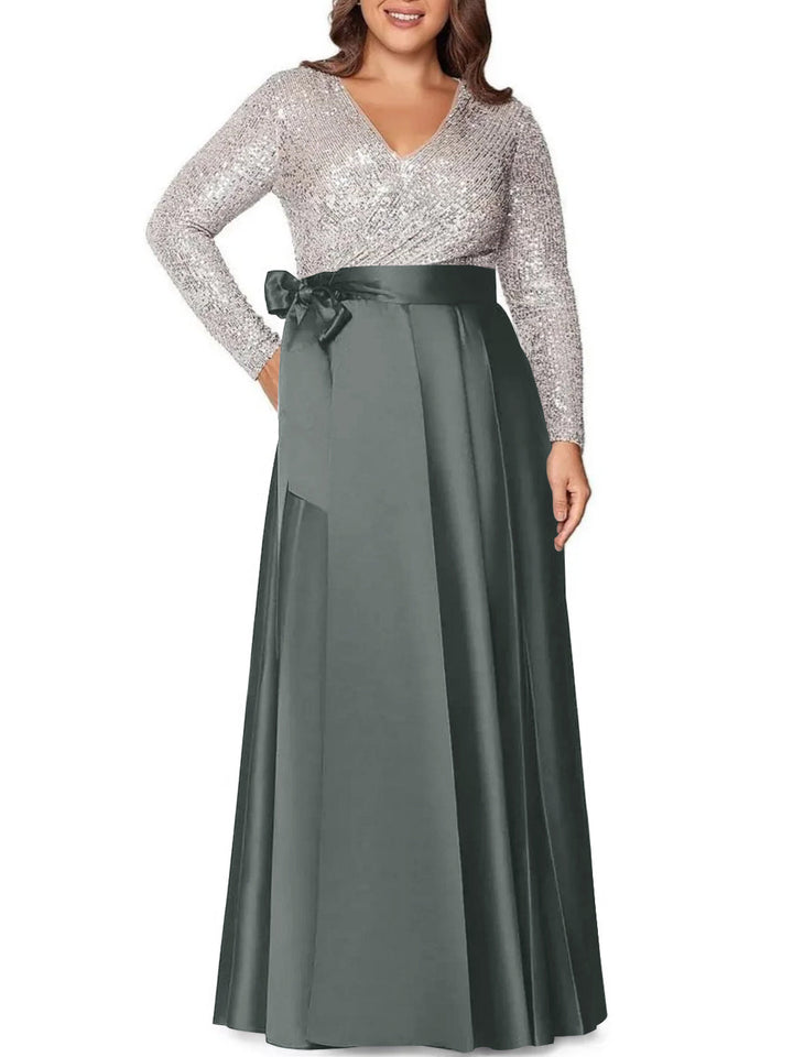 Robe de Mère de la Mariée Grande Taille, Coupe A-Line/Princess, Col en V, Manches Longues, Longueur Au Sol, avec Poches et Paillettes