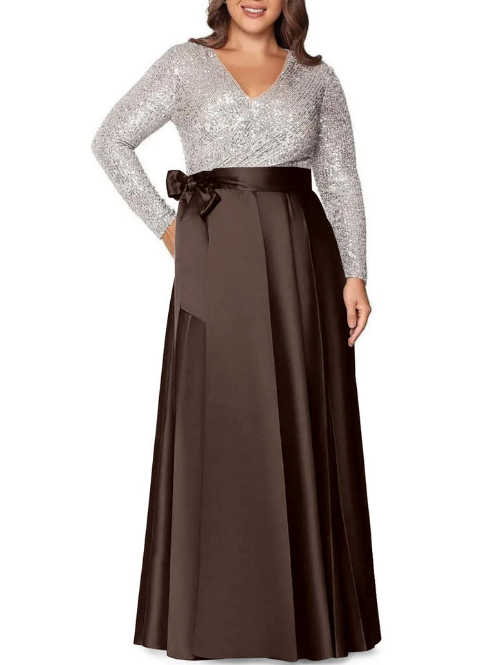 Robe de Mère de la Mariée Grande Taille, Coupe A-Line/Princess, Col en V, Manches Longues, Longueur Au Sol, avec Poches et Paillettes