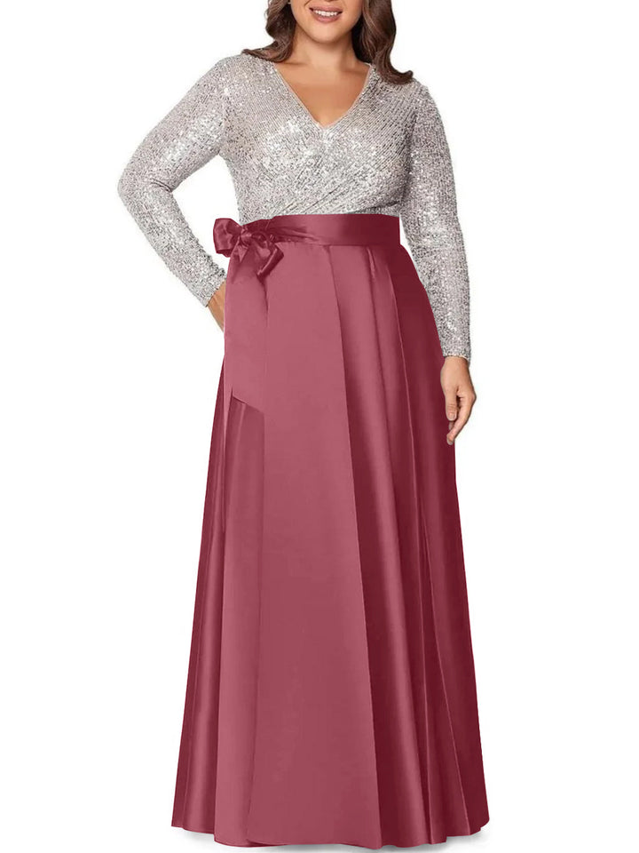 Robe de Mère de la Mariée Grande Taille, Coupe A-Line/Princess, Col en V, Manches Longues, Longueur Au Sol, avec Poches et Paillettes