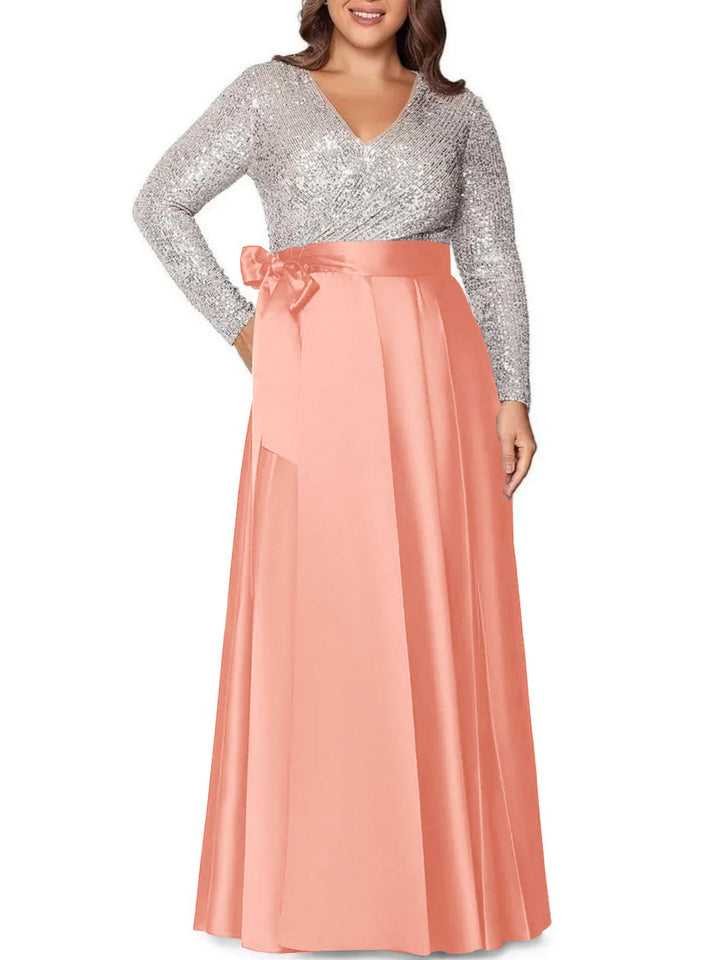 Robe de Mère de la Mariée Grande Taille, Coupe A-Line/Princess, Col en V, Manches Longues, Longueur Au Sol, avec Poches et Paillettes