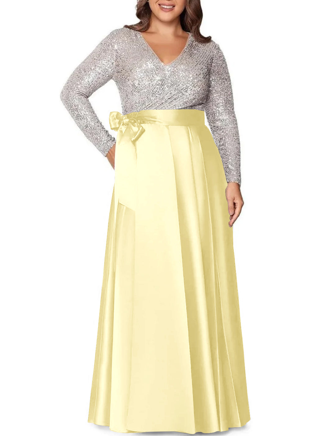 Robe de Mère de la Mariée Grande Taille, Coupe A-Line/Princess, Col en V, Manches Longues, Longueur Au Sol, avec Poches et Paillettes