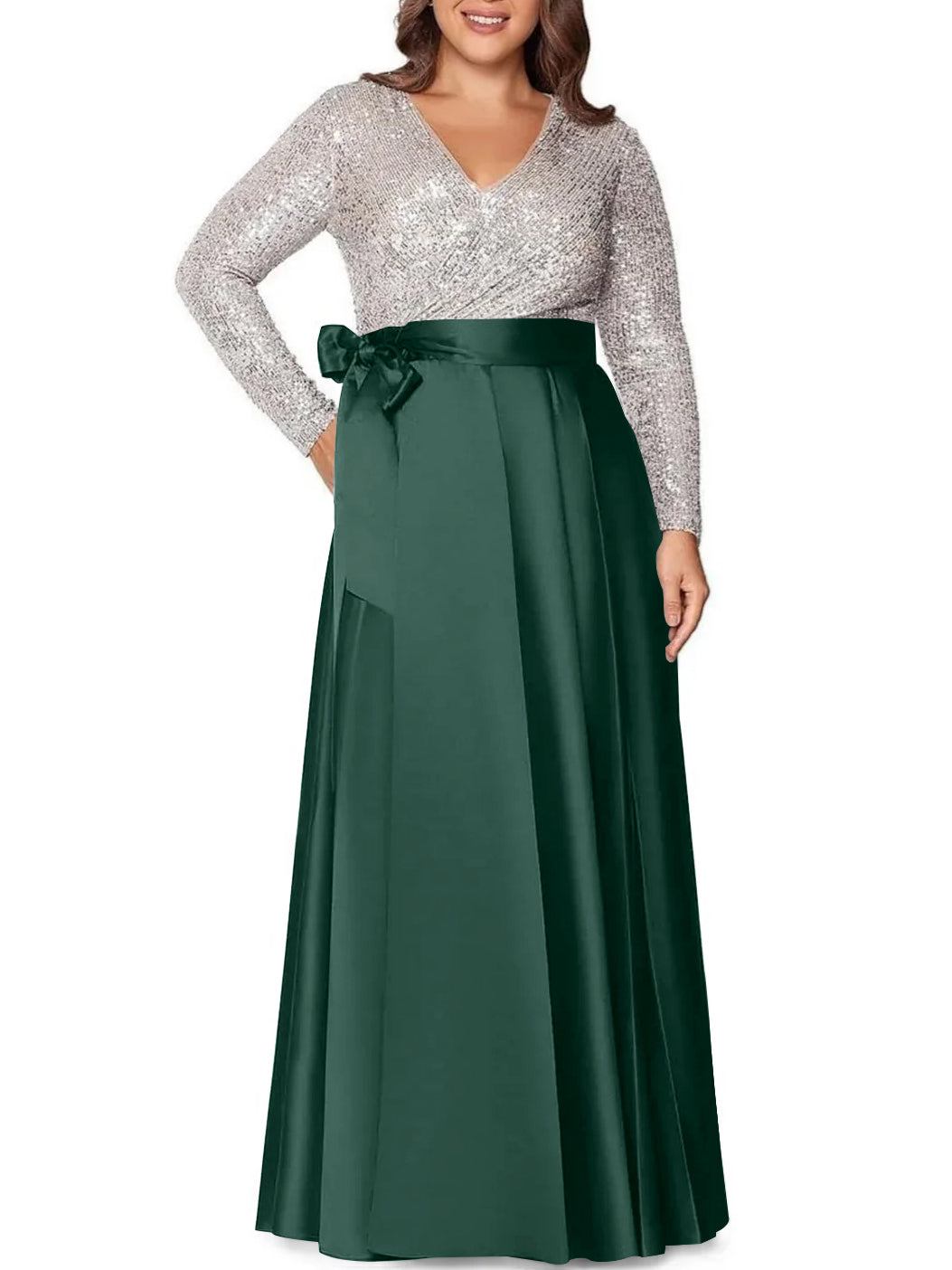Robe de Mère de la Mariée Grande Taille, Coupe A-Line/Princess, Col en V, Manches Longues, Longueur Au Sol, avec Poches et Paillettes