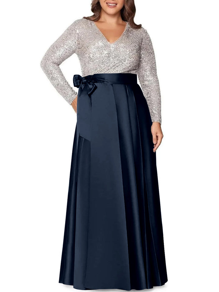 Robe de Mère de la Mariée Grande Taille, Coupe A-Line/Princess, Col en V, Manches Longues, Longueur Au Sol, avec Poches et Paillettes