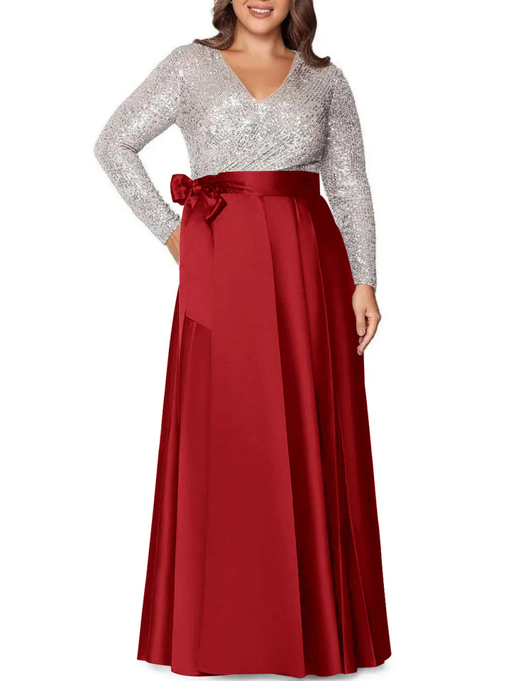 Robe de Mère de la Mariée Grande Taille, Coupe A-Line/Princess, Col en V, Manches Longues, Longueur Au Sol, avec Poches et Paillettes