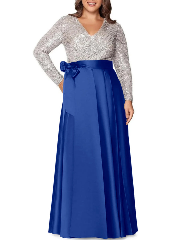 Robe de Mère de la Mariée Grande Taille, Coupe A-Line/Princess, Col en V, Manches Longues, Longueur Au Sol, avec Poches et Paillettes