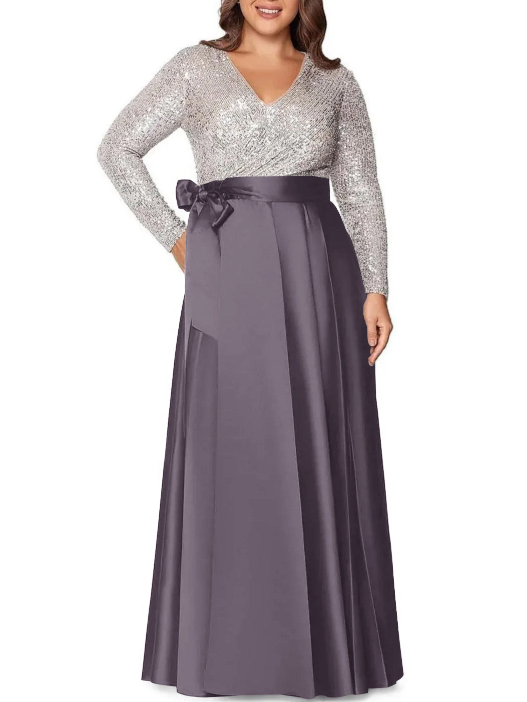 Robe de Mère de la Mariée Grande Taille, Coupe A-Line/Princess, Col en V, Manches Longues, Longueur Au Sol, avec Poches et Paillettes